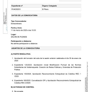 Convocatoria a Pleno sesión extraordinaria, martes 11 de marzo a las 19:30h